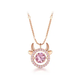 Cow with Round Pink Zircon Pendant Silver Necklace for Women