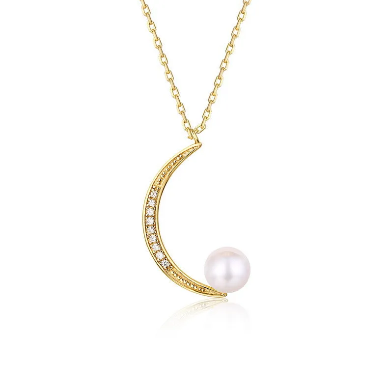 Crescent Moon Natural Pearl Zircon Sterling Silver Necklace