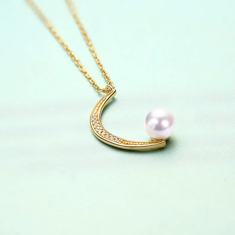 Crescent Moon Natural Pearl Zircon Sterling Silver Necklace