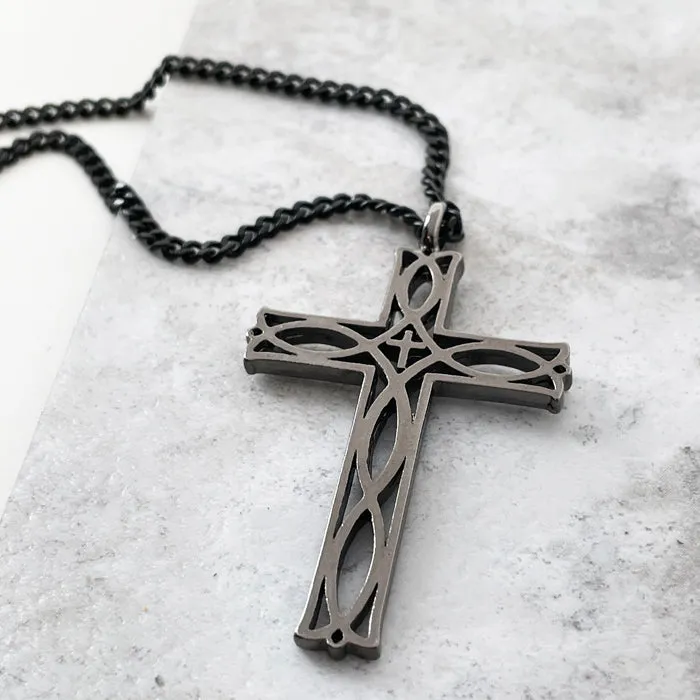 Cross Ichthus Fish Dark Metal Finish Pendant Dark Finish Curb Chain Necklace