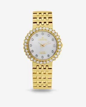 Croton Ladies Goldtone Round Mother of Pearl Dial Watch with Diamond Markers