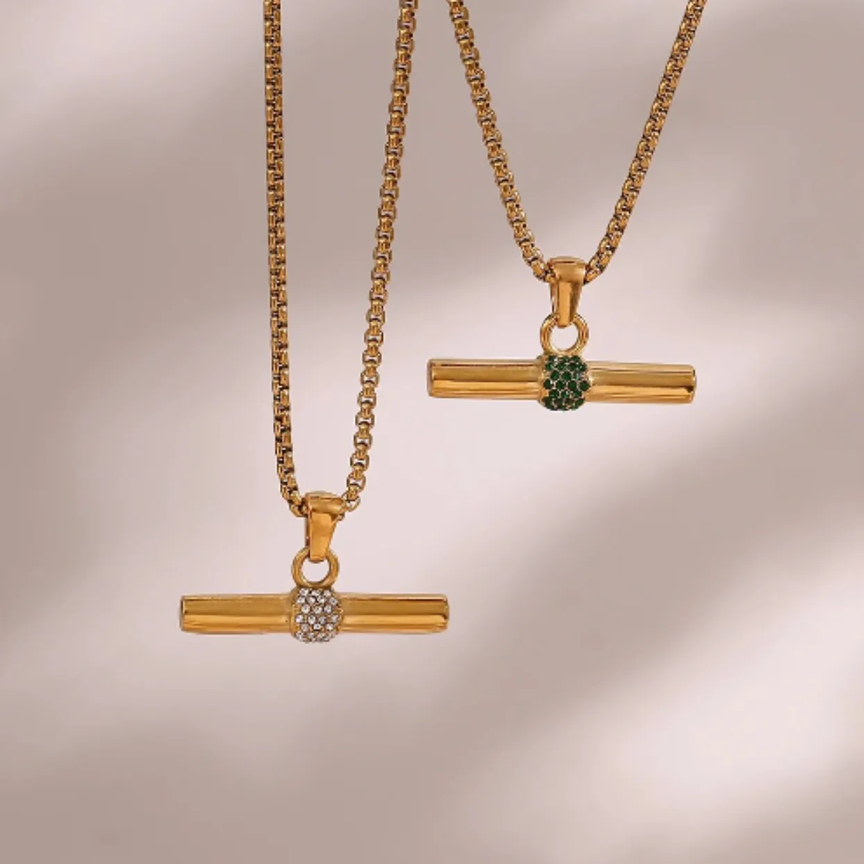 CUBIC ZIRCONIA  & EMERALD  - FOB CHAIN 18K GOLD WATERPROOF NECKLACES