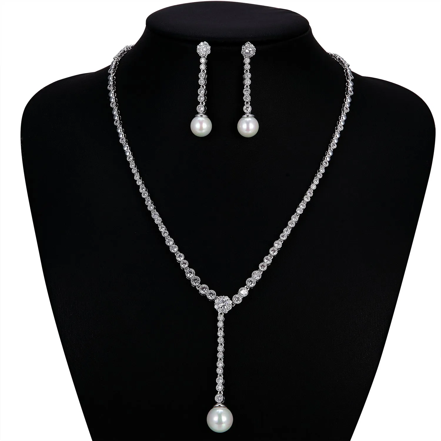 Cubic Zirconia Pearls Necklace Earring Set for Women,Wedding CN10233