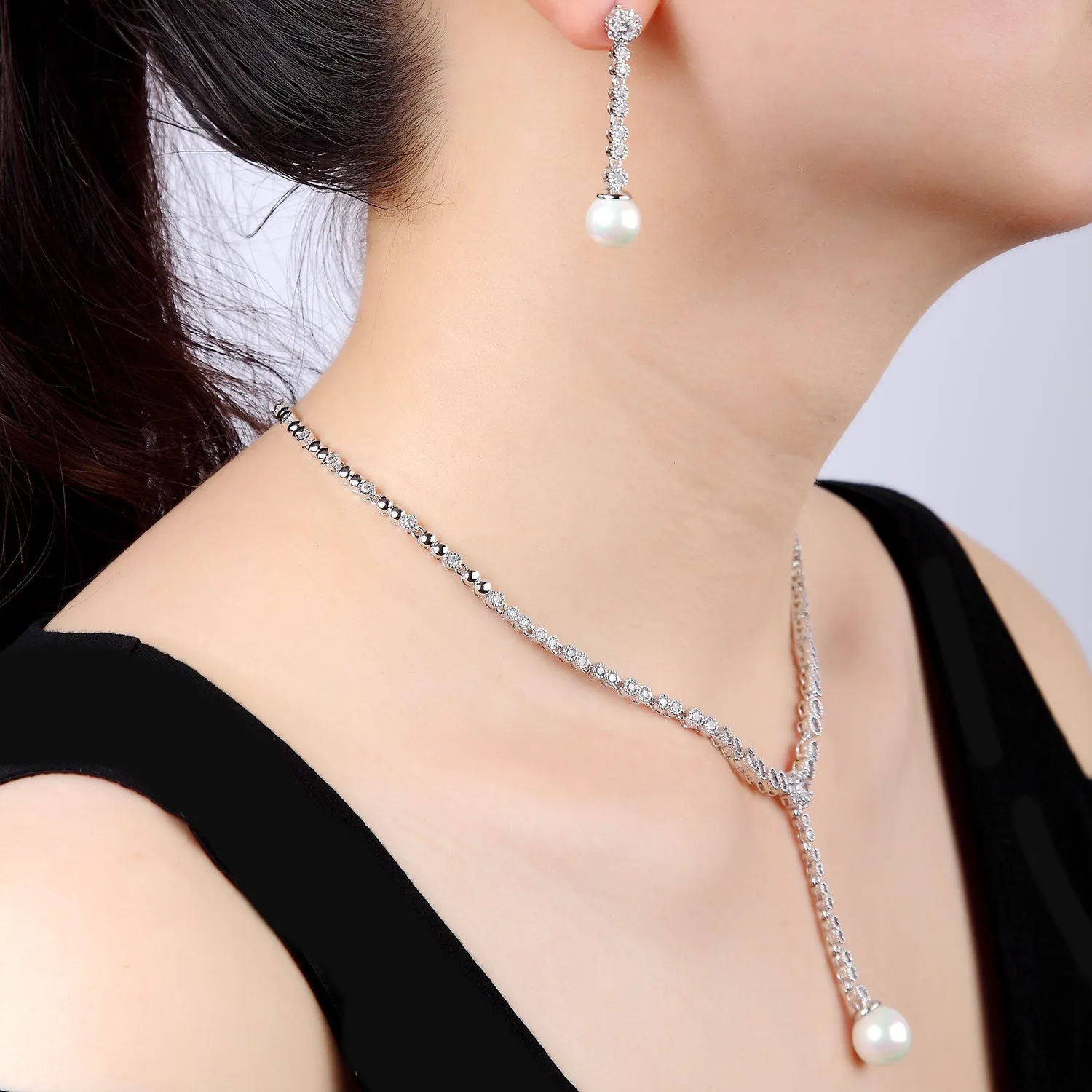 Cubic Zirconia Pearls Necklace Earring Set for Women,Wedding CN10233