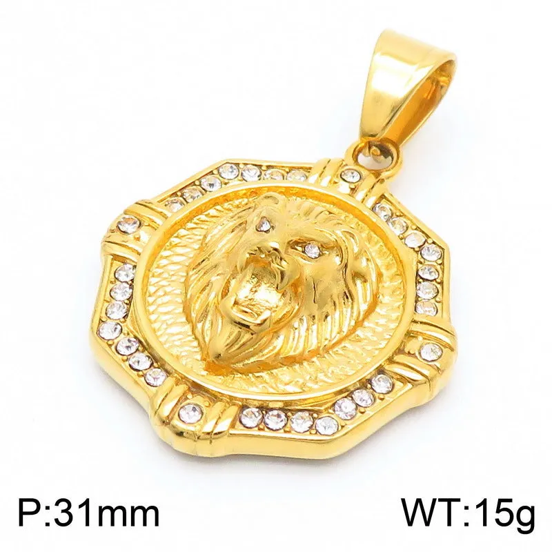 Customizable Guochao Urban Necklace, Trendy Titanium Steel Men's Zircon-Studded Disc Rune Lion Head Pendant