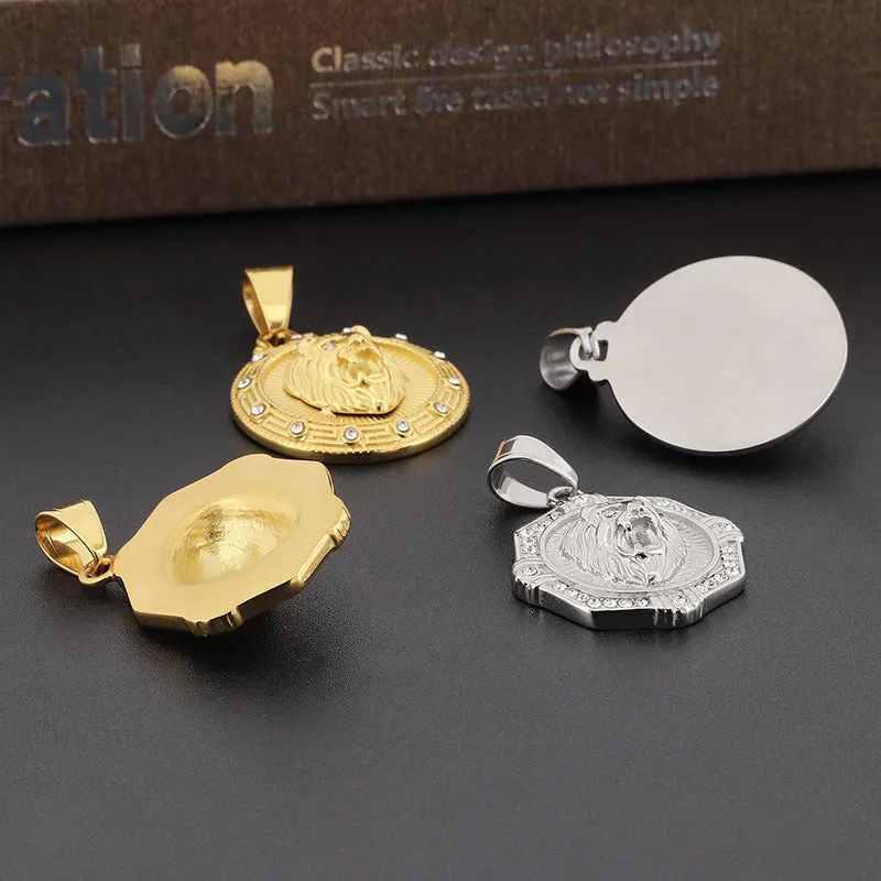 Customizable Guochao Urban Necklace, Trendy Titanium Steel Men's Zircon-Studded Disc Rune Lion Head Pendant