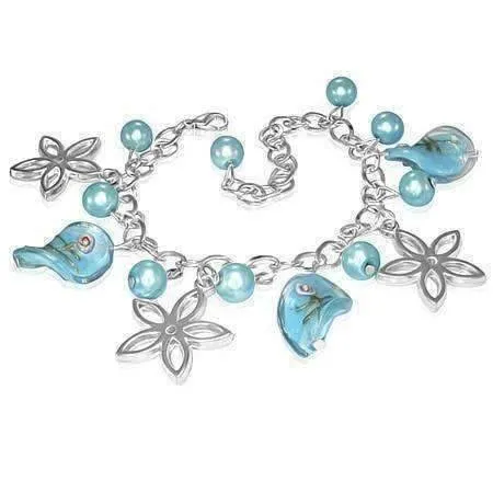 Daisy Chain Lamp Work Glass Bead Charm Bracelet for Women ~ Three Colors to Choose