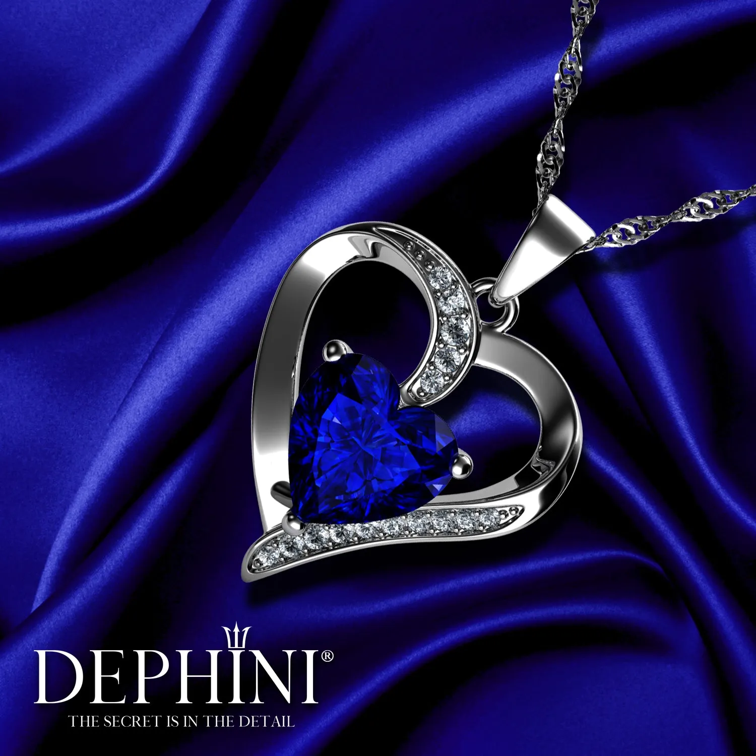 DEPHINI Blue Heart Necklace 925 Sterling Silver Heart Pendant CZ