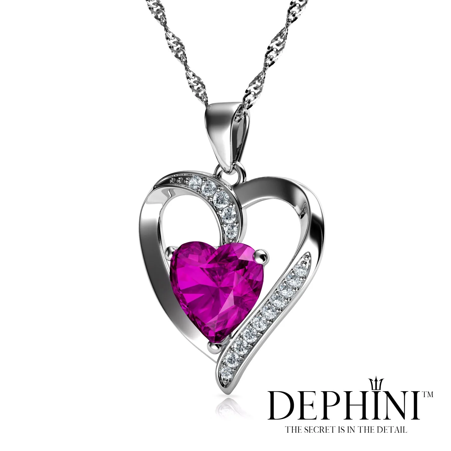 DEPHINI Pink Heart Necklace - 925 Sterling Silver Pendant CZ Crystal