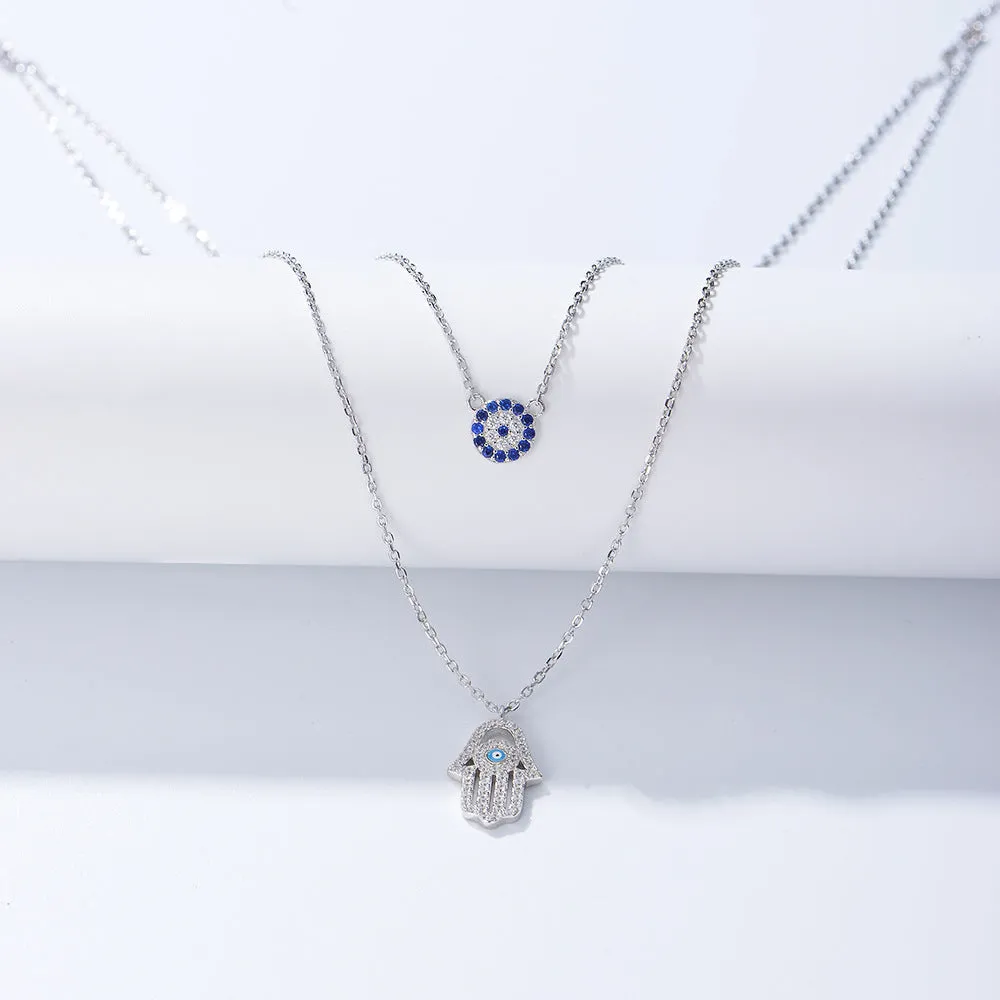 Devil‘s Eye Hamsa Palm with Zircon Double Silver Necklace for Women