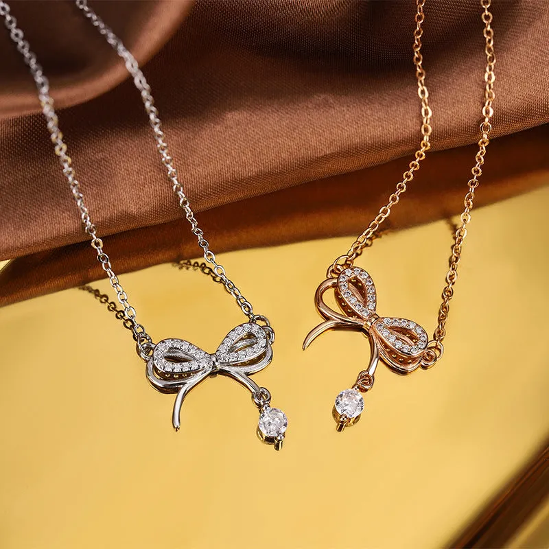 Double Layer Bow with Zircon Pendant Silver Necklace for Women