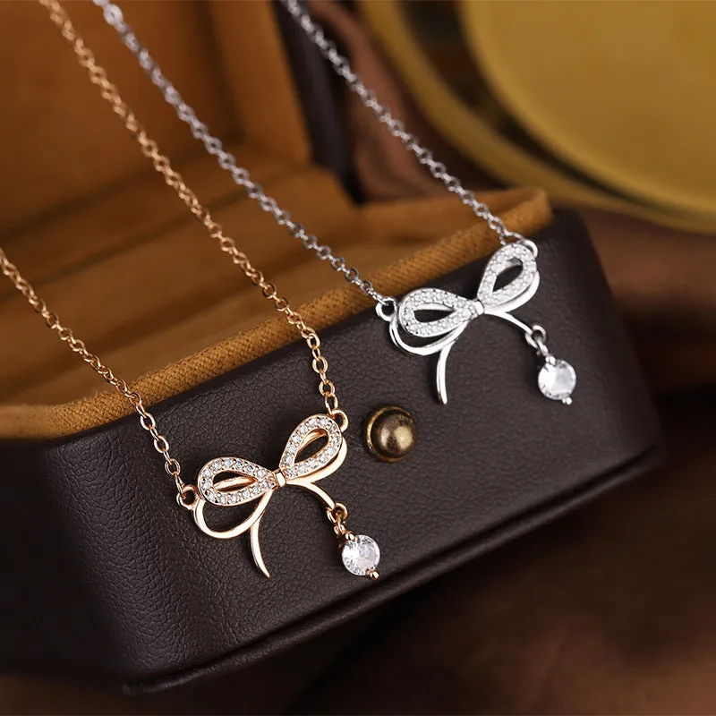 Double Layer Bow with Zircon Pendant Silver Necklace for Women