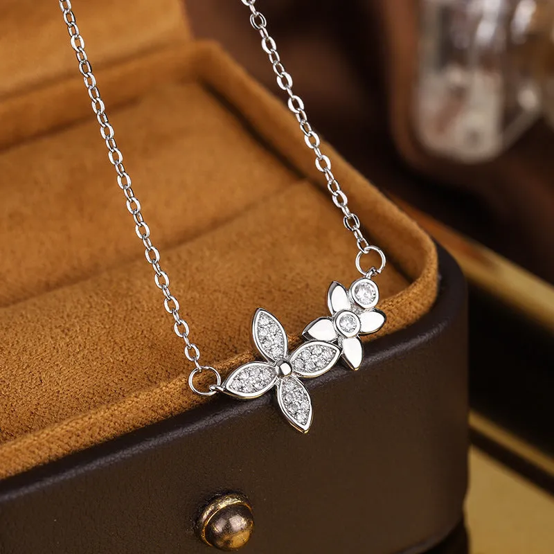 Double Lucky Clover with Zircon Pendant Silver Necklace for Women