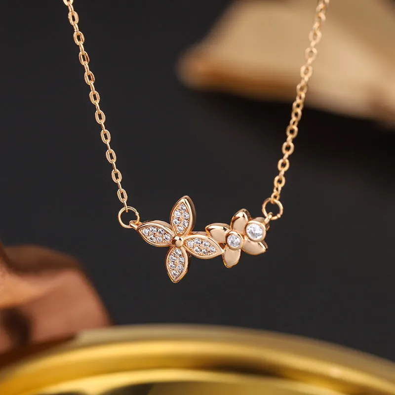 Double Lucky Clover with Zircon Pendant Silver Necklace for Women