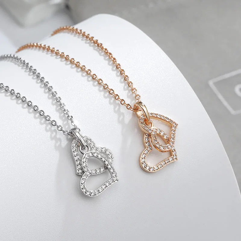 Double Stacked Zircon Heart Silver Necklace for Women