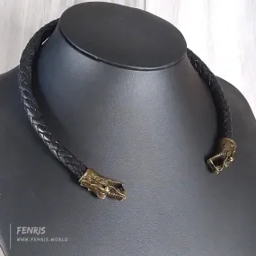 Dragon Torc Necklace Bronze Black Leather Viking Style