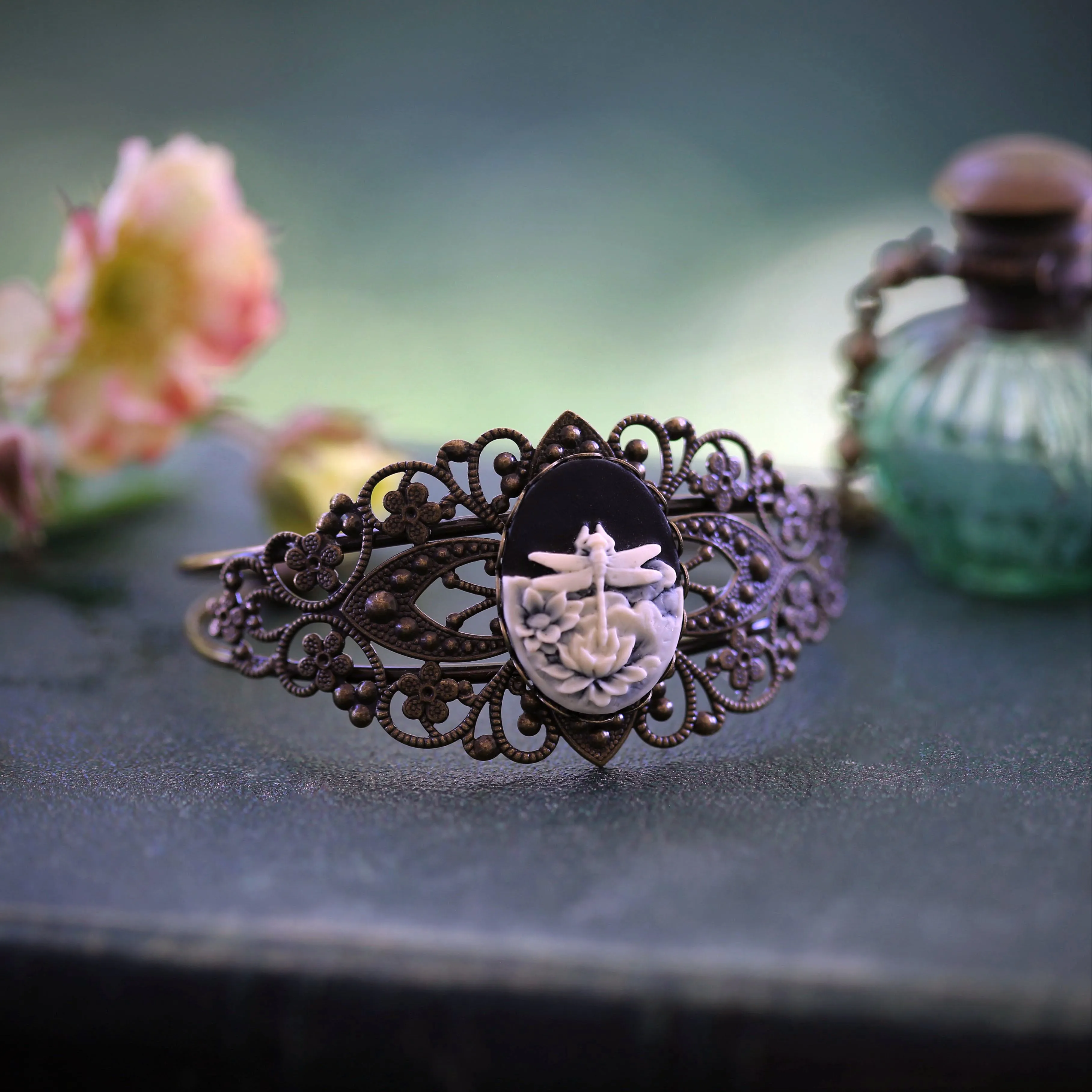 Dragonfly Cameo Cuff Bracelet in Vintage Style