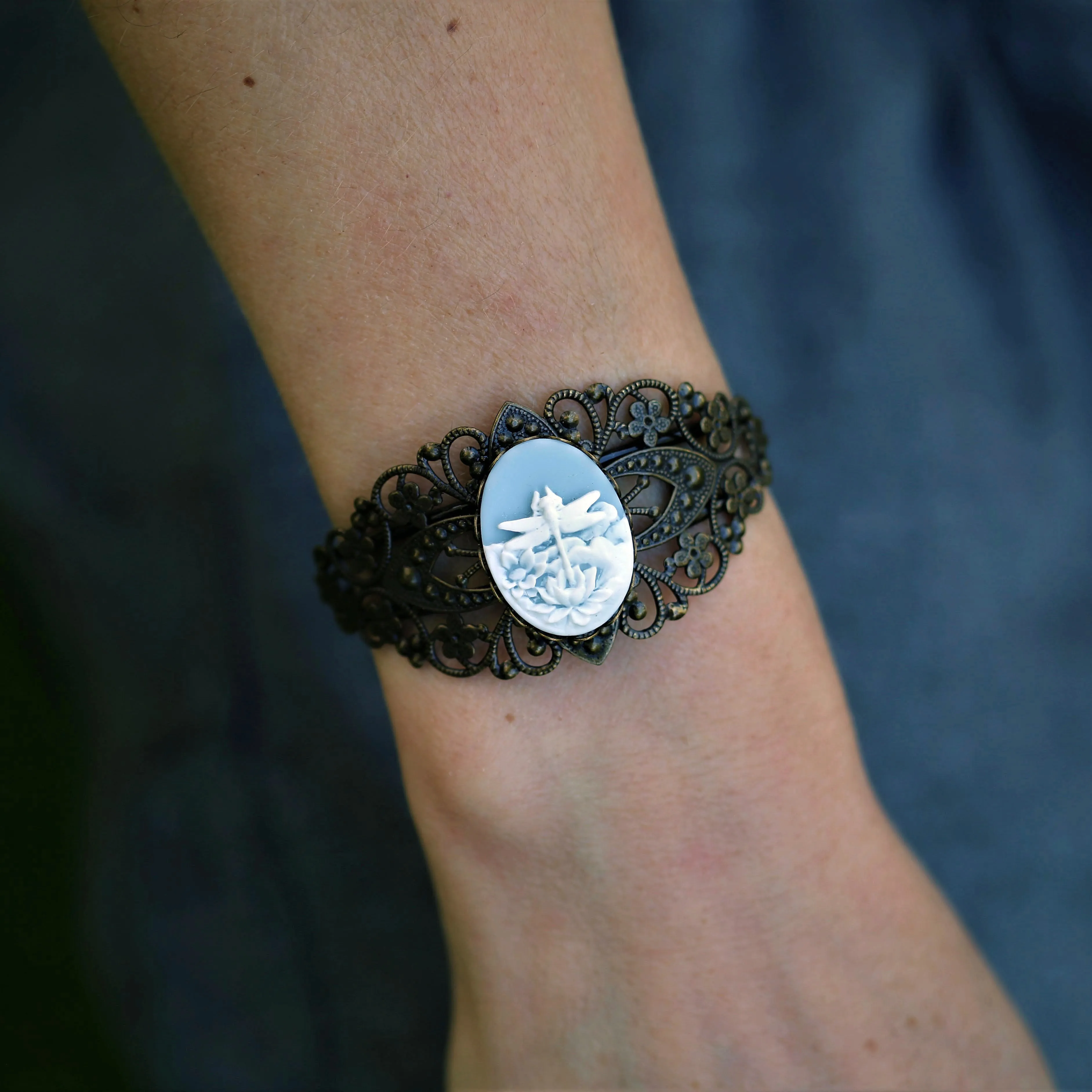 Dragonfly Cameo Cuff Bracelet in Vintage Style