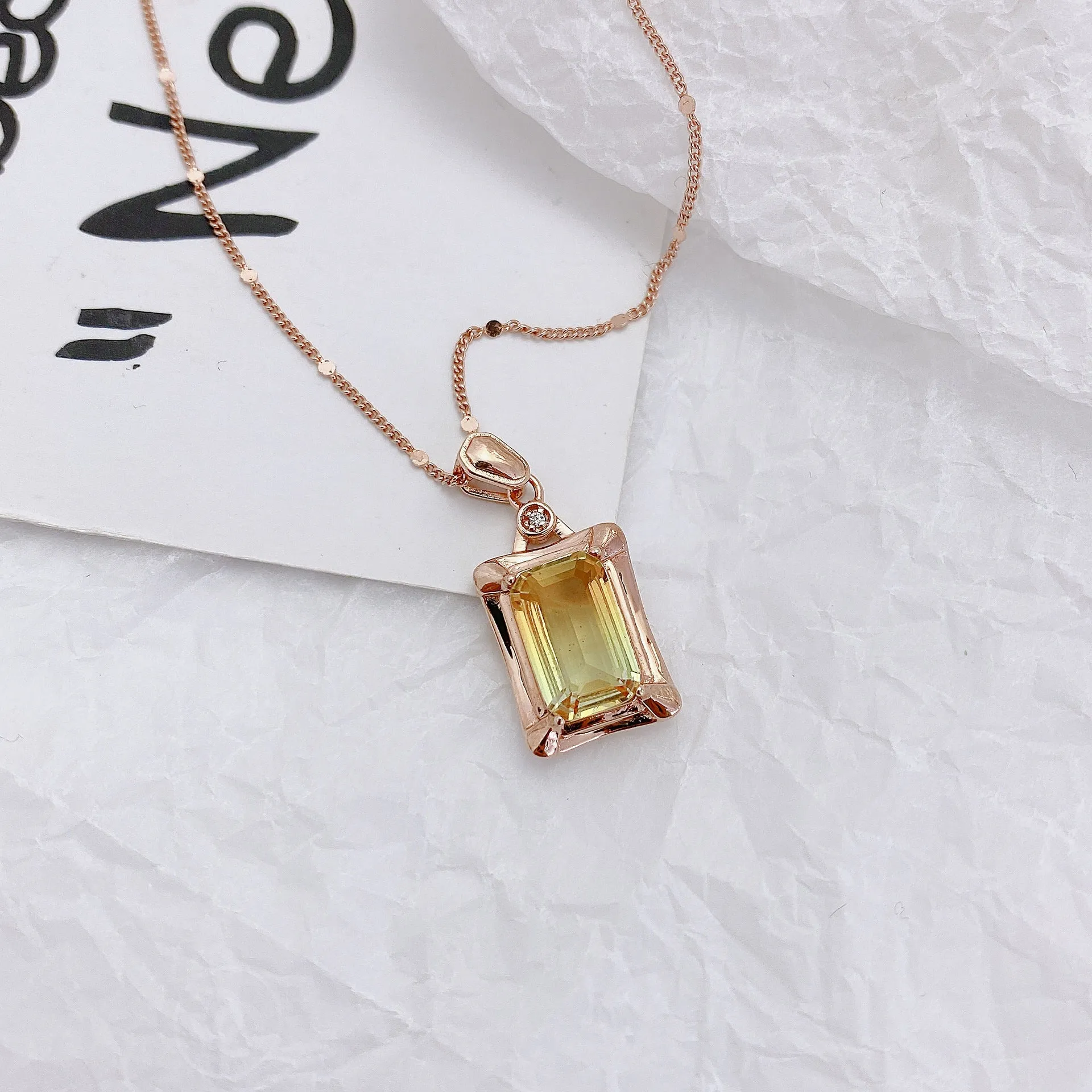 Emerald Cut Yellow Tourmaline Pendant Silver Necklace for Women