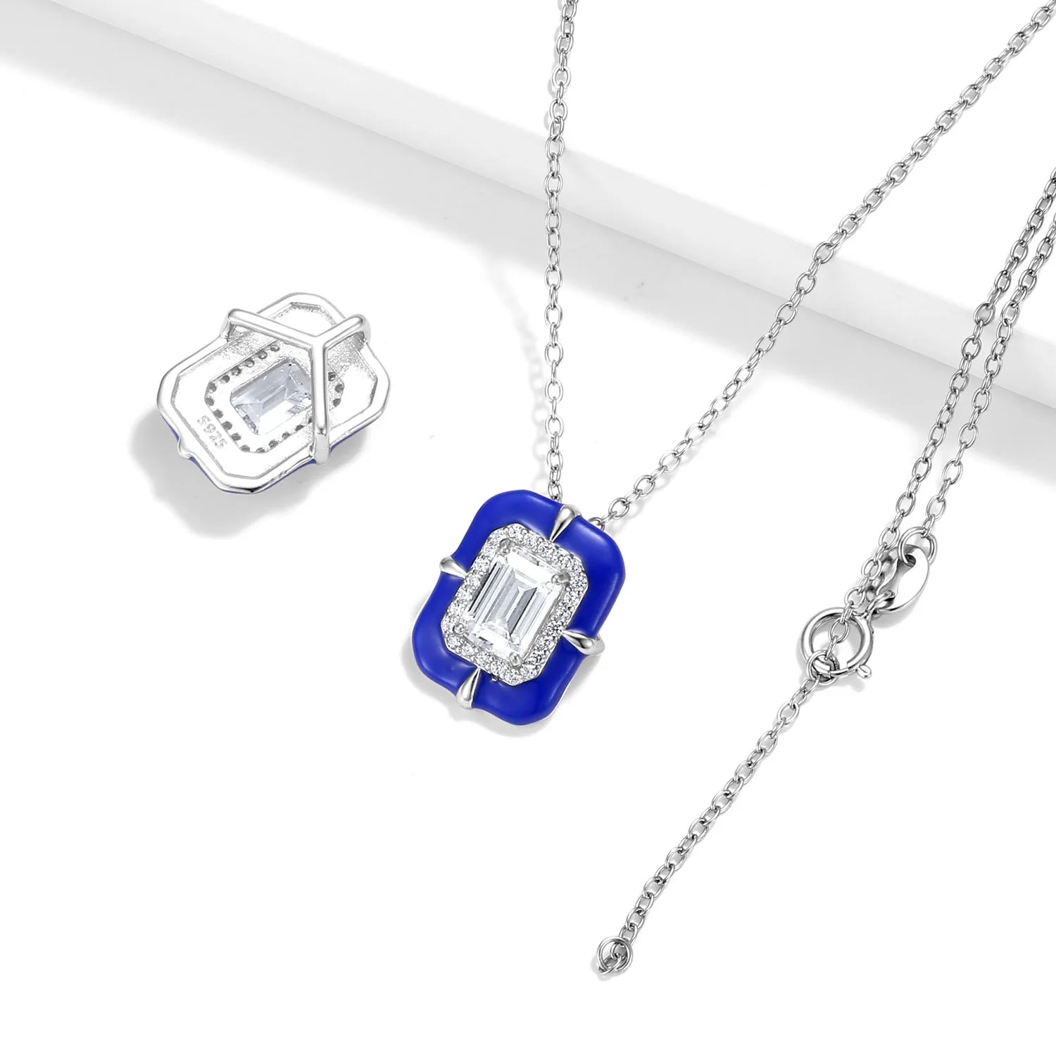 Emerald Cut Zircon Blue Rectangle Pendant Silver Necklace