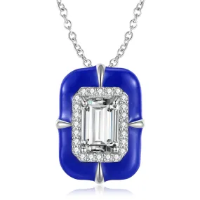 Emerald Cut Zircon Blue Rectangle Pendant Silver Necklace