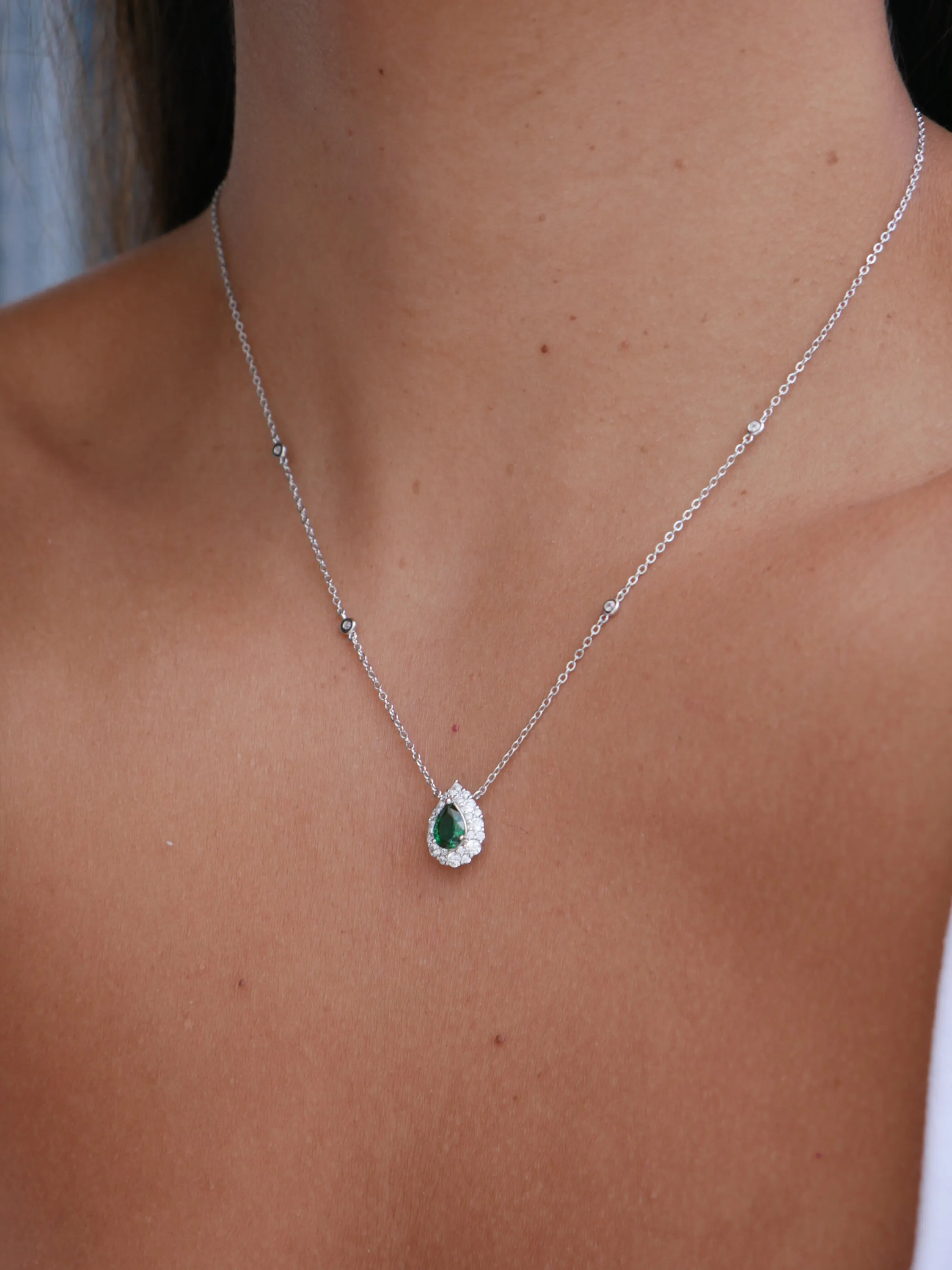 Emerald Green Pear Necklace, 925 Sterling Silver Water Drop Cubic Zirconia Nickel Free Luxury Necklace