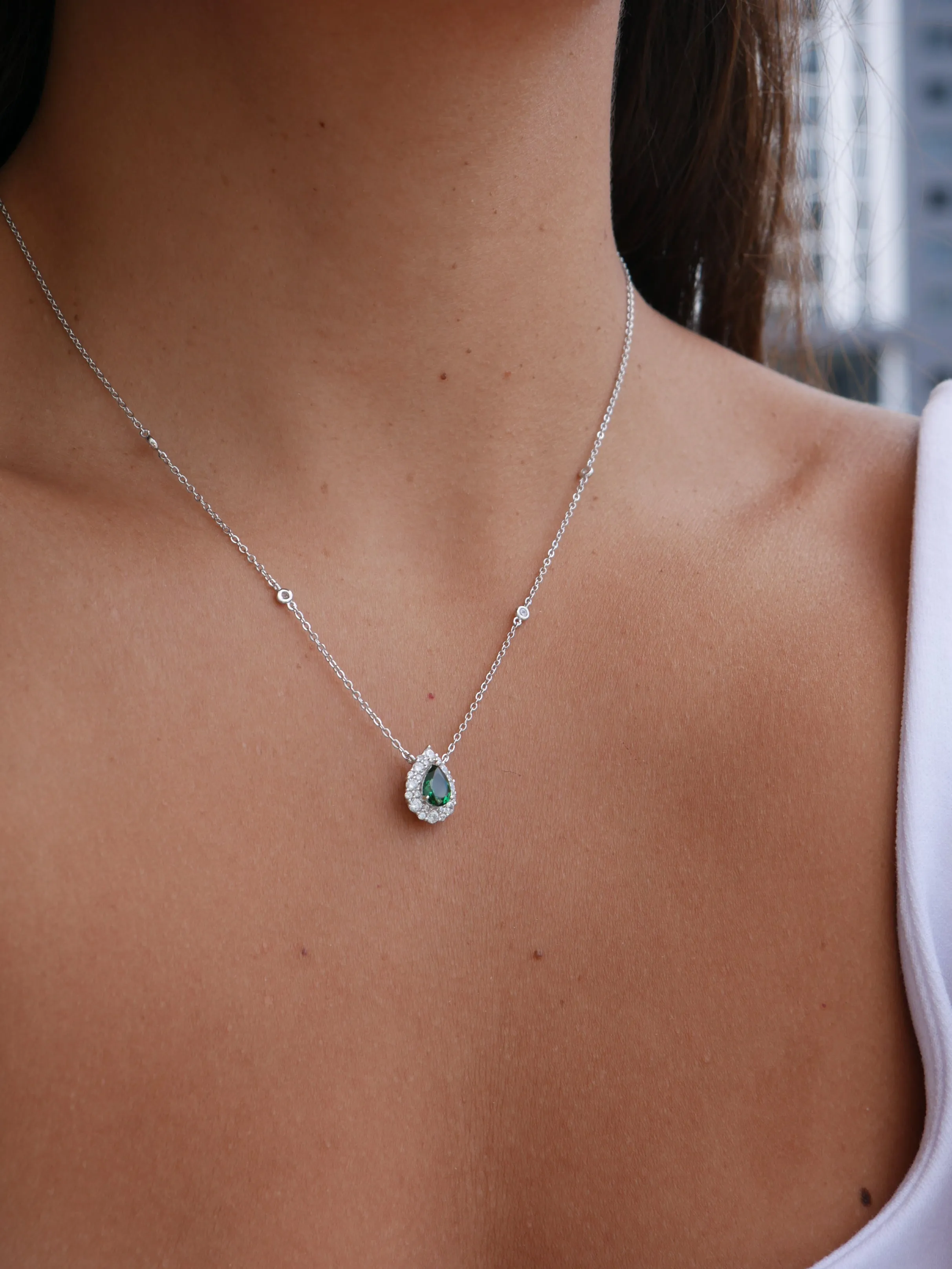 Emerald Green Pear Necklace, 925 Sterling Silver Water Drop Cubic Zirconia Nickel Free Luxury Necklace