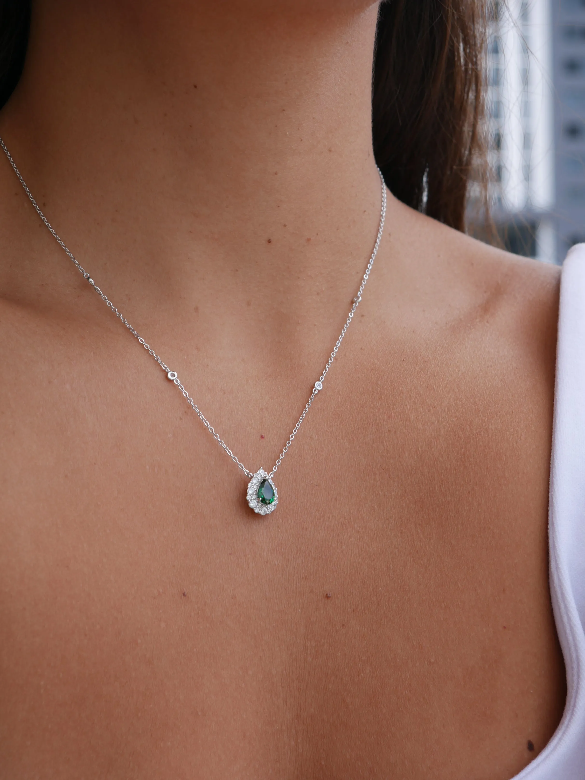 Emerald Green Pear Necklace, 925 Sterling Silver Water Drop Cubic Zirconia Nickel Free Luxury Necklace