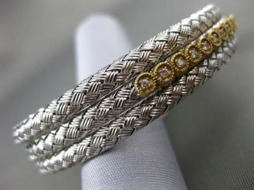 ESTATE WIDE .30CT DIAMOND 14KT WHITE & YELLOW GOLD MESH FILIGREE BANGLE BRACELET