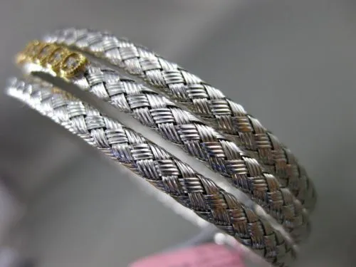 ESTATE WIDE .30CT DIAMOND 14KT WHITE & YELLOW GOLD MESH FILIGREE BANGLE BRACELET