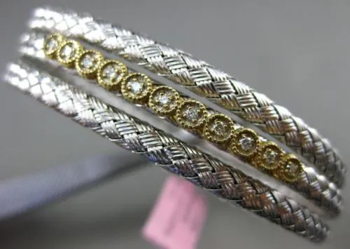 ESTATE WIDE .30CT DIAMOND 14KT WHITE & YELLOW GOLD MESH FILIGREE BANGLE BRACELET