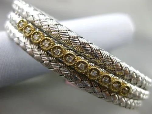 ESTATE WIDE .30CT DIAMOND 14KT WHITE & YELLOW GOLD MESH FILIGREE BANGLE BRACELET