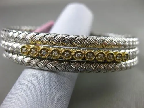 ESTATE WIDE .30CT DIAMOND 14KT WHITE & YELLOW GOLD MESH FILIGREE BANGLE BRACELET