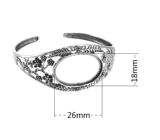 Ethnic Flower Branch Oval Mount Bracelet Setting Sterling Silver Fine 925 18x26mm For One Stone Adjustable No Prongs DIY Jewelry Wholesale