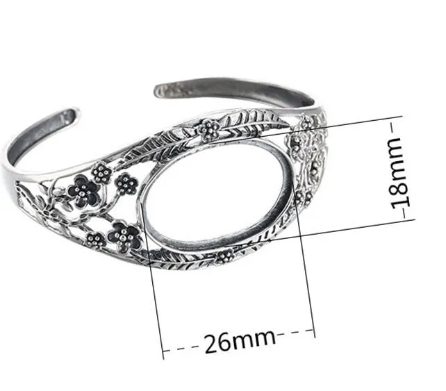 Ethnic Flower Branch Oval Mount Bracelet Setting Sterling Silver Fine 925 18x26mm For One Stone Adjustable No Prongs DIY Jewelry Wholesale