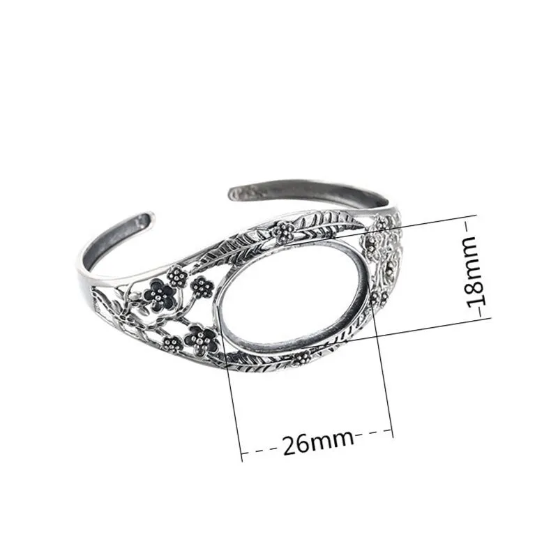 Ethnic Flower Branch Oval Mount Bracelet Setting Sterling Silver Fine 925 18x26mm For One Stone Adjustable No Prongs DIY Jewelry Wholesale