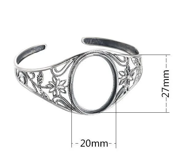 Ethnic Flower Oval Mount Bracelet Setting Base Sterling Silver Fine 925 27x20mm For One Stone Adjustable No Prongs DIY Jewelry Wholesale