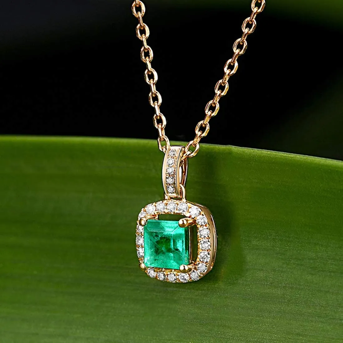 FANCIME "Liza" Vivid Green Emerald 14K Solid Real Yellow Gold Necklace