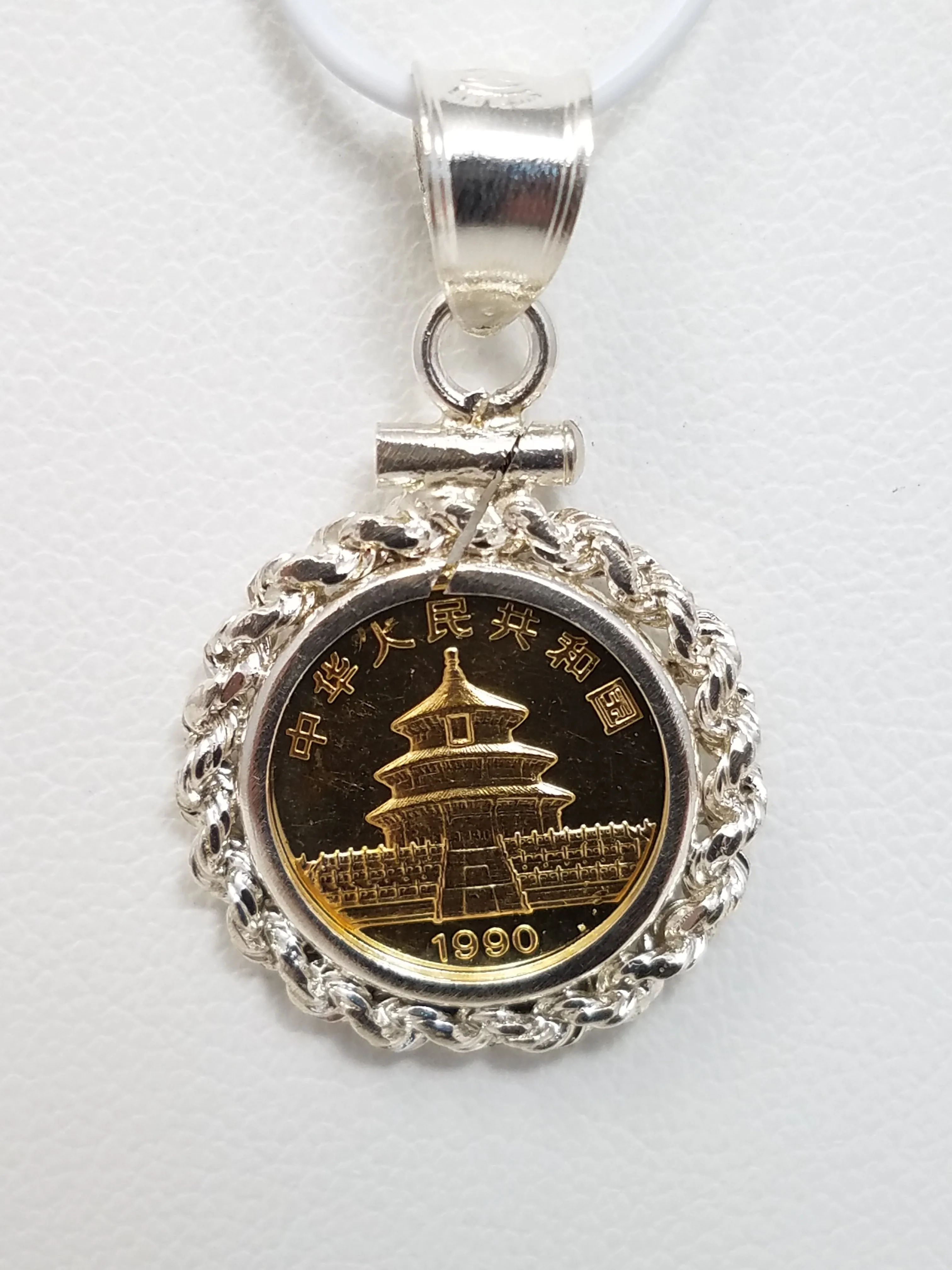 Fancy 1990 5 Yuan 1/20th Panda Gold Coin In Sterling Silver Pendant Coin Frame