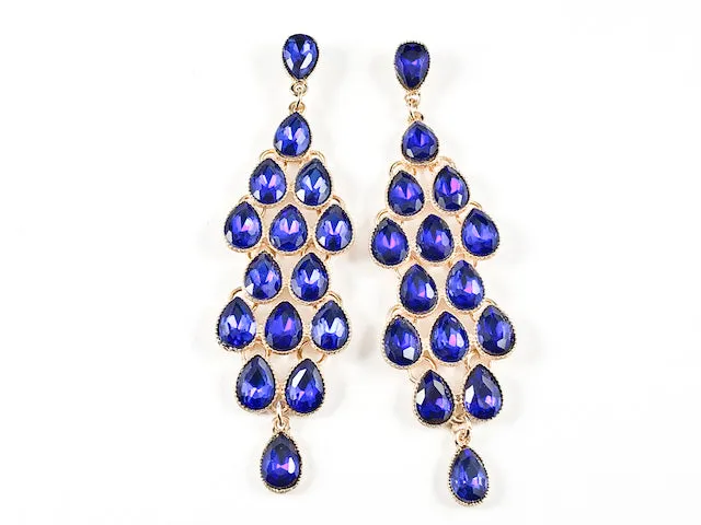 Fancy Elegant Long Chandelier Style Gold Tone Sapphire Color Fashion Earrings