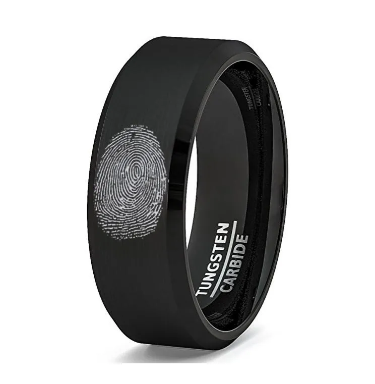 Fingerprint Engraved Black Tungsten Men's Wedding Band with Beveled Edges