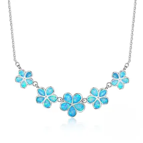 Five Blue Opal Flowers Sterling Silver Necklace