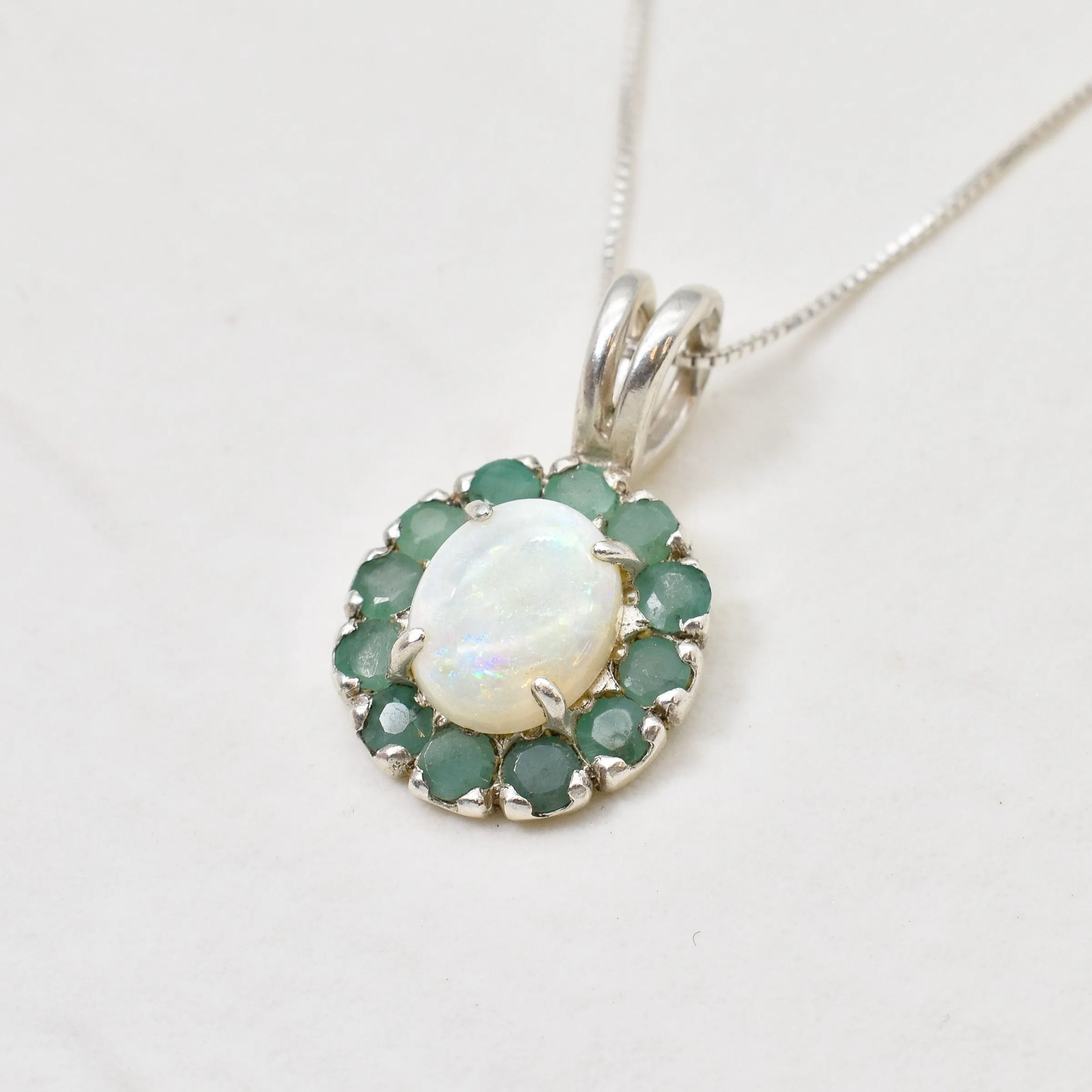 Flower Opal Necklace - Victorian Opal Necklace - Genuine Emerald Pendant