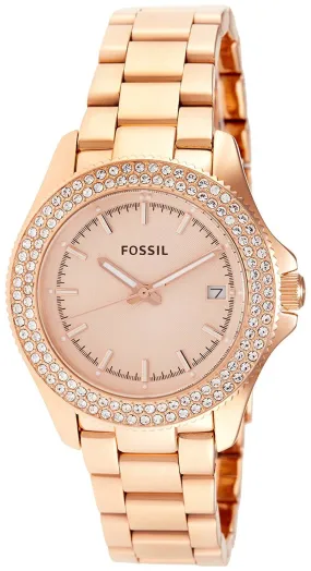 Fossil Retro Traveller Rose Gold-Tone Stainless Steel Rose Gold Dial Date Crystals Quartz Womens Watch AM4454