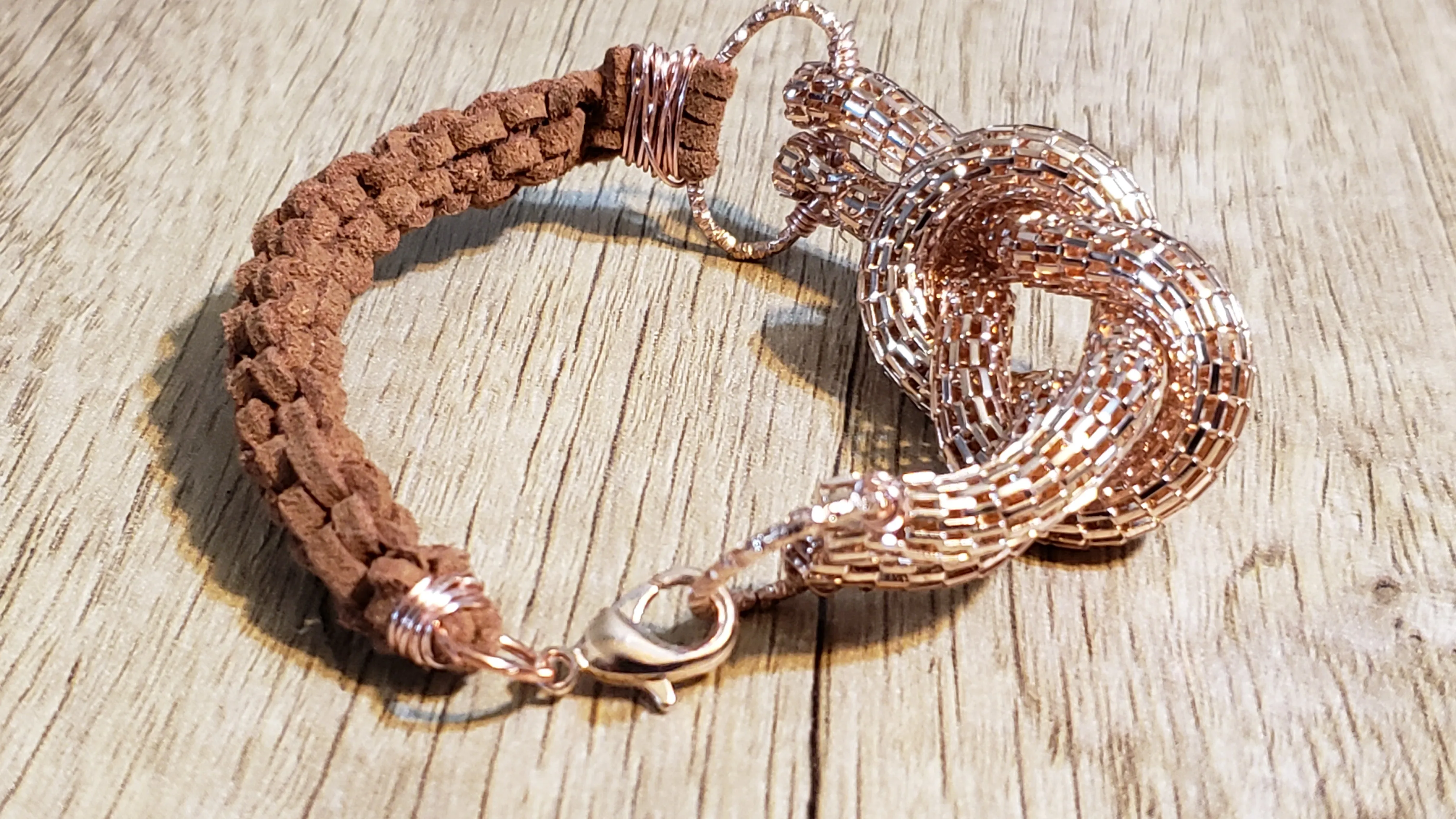 Genuine Brown Leather and Fancy Style14k Rose Gold Ion Plated Chain Bracelet 8" with Lobster Claw Clasp.