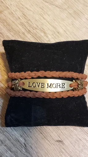 Genuine Leather Triple Wrap Bracelet, Adjustable, Brown with Brass Brass Tone "Love More" Focal, chain and Lobster Claw Clasp.
 