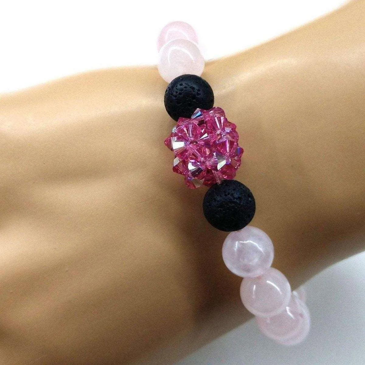 Glamorous Adjustable Rose Quartz Gemstone Crystal Lava Rock Bracelet