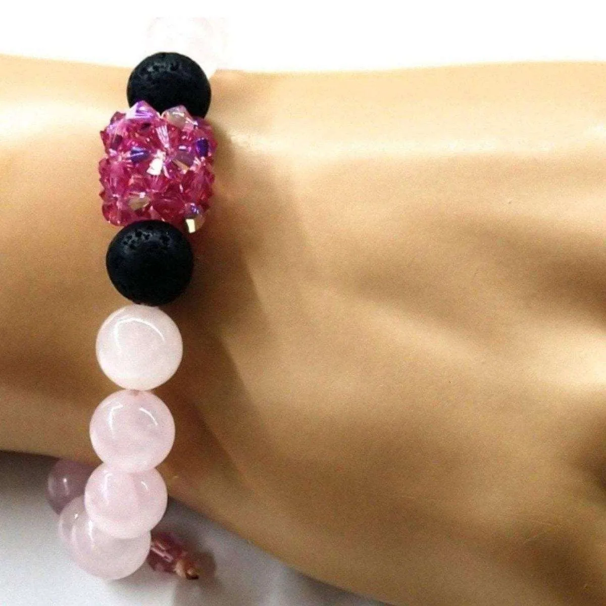 Glamorous Adjustable Rose Quartz Gemstone Crystal Lava Rock Bracelet