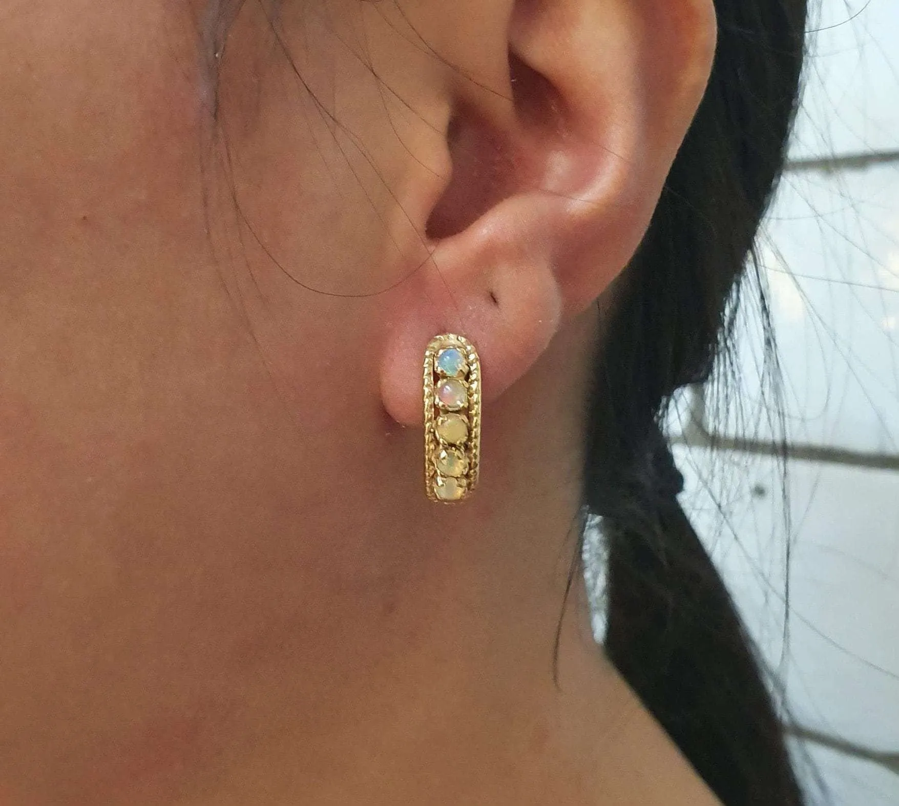 Gold Opal Earrings - Fire Opal Earrings, October Birthstone Half Hoop Earrings