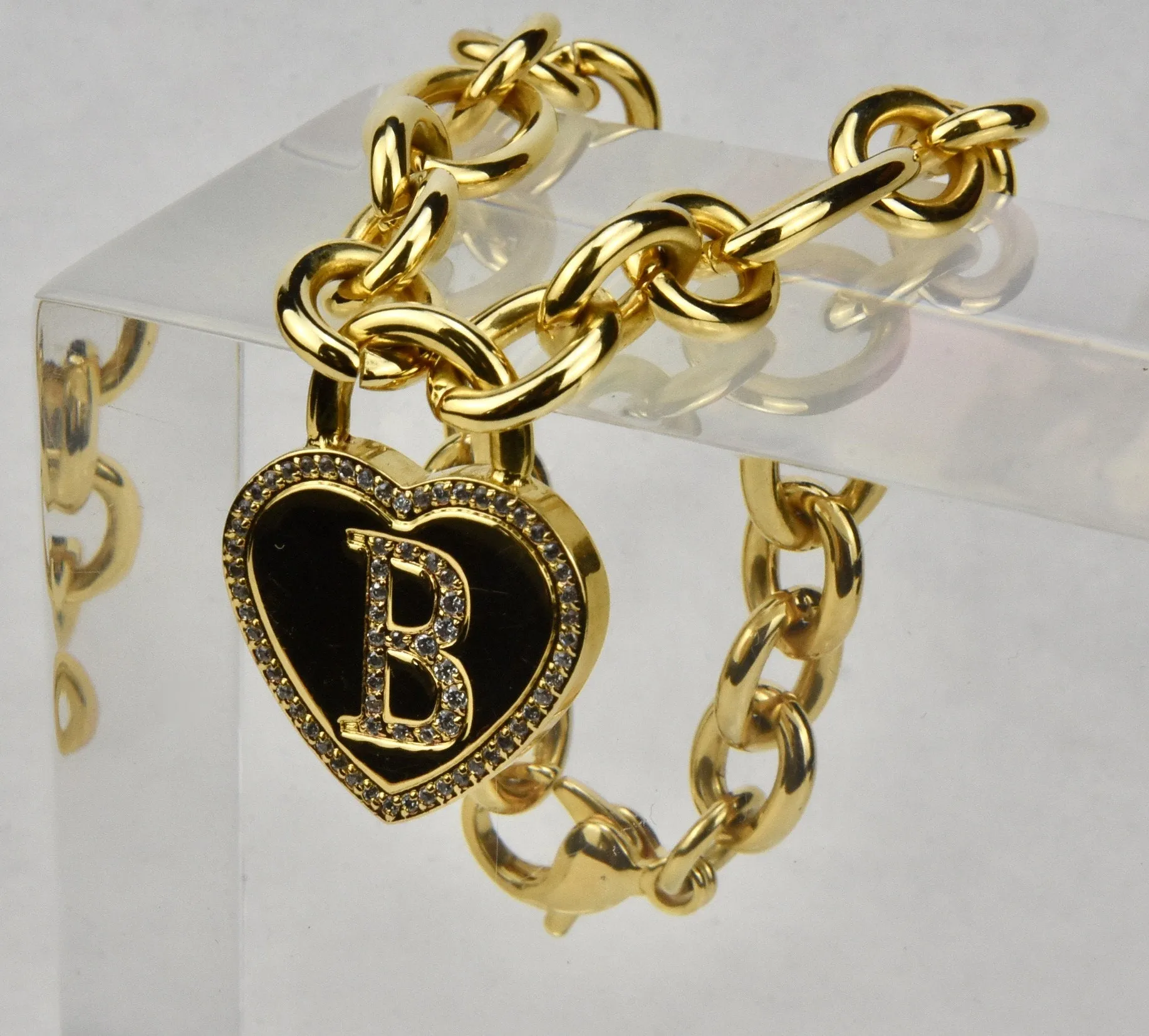 Gold Tone Stainless Steel Chain Bracelet with "B" Heart Rhinestone Charm